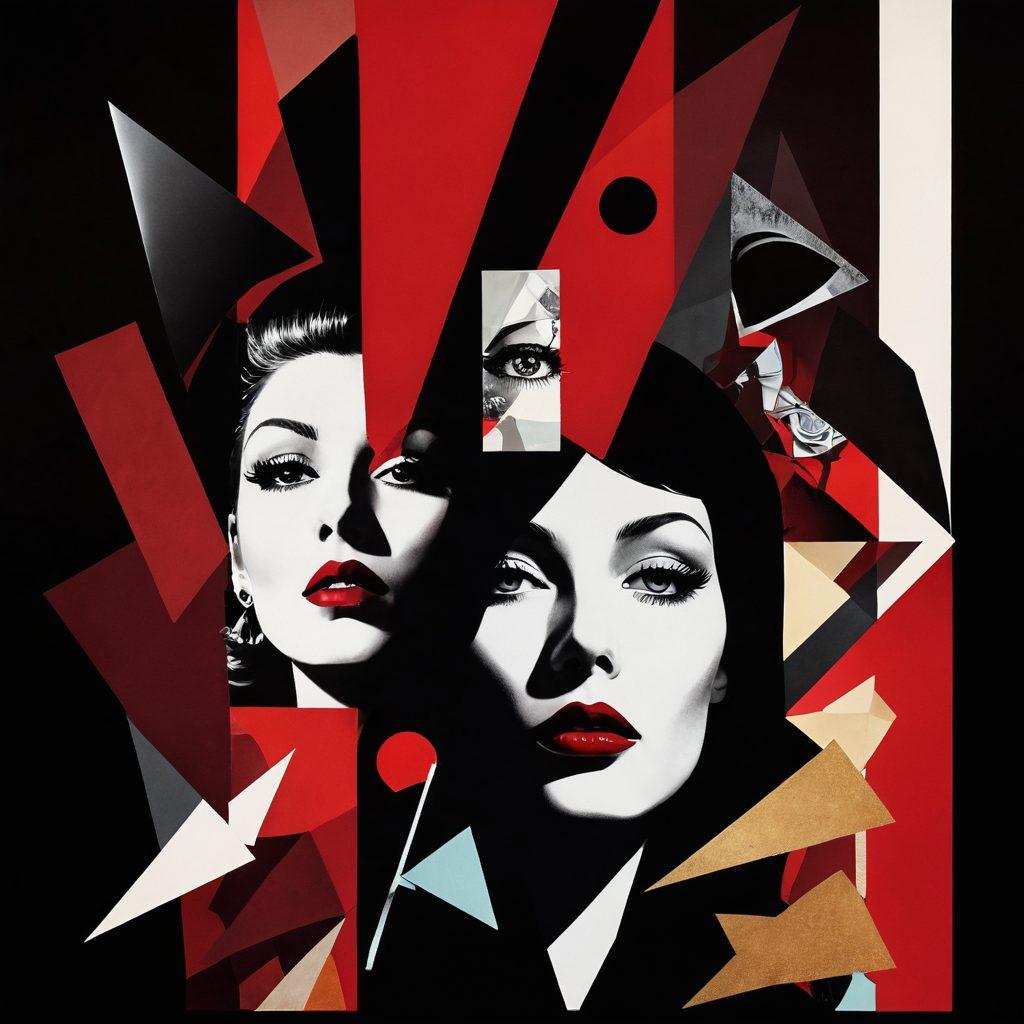 A bold and thought-provoking collage featuring abstract shapes symbolizing adult entertainment, layered with contrasting imagery of vintage and modern influences. Include a dynamic interplay of light and shadow to evoke intrigue, and use a color palette of deep reds and blacks for a daring feel. Infuse subtle elements of technology to reflect contemporary narratives. surrealistic. vivid colors. dark background.