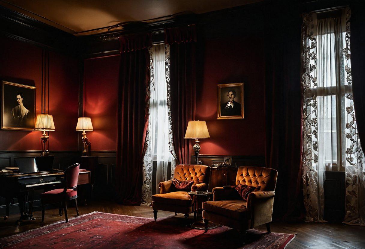 A mysterious and intimate setting featuring a dimly lit room with plush velvet curtains, a vintage film projector casting tantalizing shadows on the walls. The focus should be on an elegantly draped figure exuding allure, surrounded by scattered artful representations of sensuality - like delicate lace and silk. The atmosphere should feel both provocative and artistic, inviting viewers into a forbidden world. Emphasize rich, deep colors and soft lighting for a moody, immersive effect. super-realistic. rich colors. soft focus.